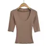 Top Ajustado de Manga Tres Cuartos y Cuello Redondo para Mujer, Camiseta Básica Adelgazante con Cintura Elástica, Camiseta Corta Sexy de Cuello en V Pura