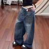 Jeans de Pierna Ancha Estilo High Street Americano con Bolsillo Invertido, Diseño de Chica Picante, Dobladillo Curvo para Mujer con Bordado, Tiro Bajo, Pantalones Deconstruidos Asimétricos de Largo hasta el Suelo