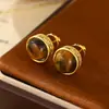 Aretes Redondos Pequeños de Ojo de Tigre Turquesa Electrochapados en Oro Real, Estilo Minimalista, Aretes Sencillos de Lujo Ligero para Mujer