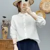 Camisa de manga longa em gaze de algodão de camada dupla para mulheres, carcela de renda artística estilo francês com botões bicolores, top macio e amigo da pele de algodão puro
