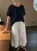 (Té blanco) Camisa de Algodón Lisa de Color Sólido con Cuello Redondo y Manga Corta Estilo Coreano para Mujer, Top Holgado Adelgazante