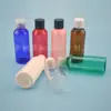 Botella redonda de hombros lisos con tapa abatible tipo mariposa de 80 ml, botella de plástico PET, botella dispensadora de líquidos, botella de plástico transparente