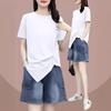 Ropa de Tallas Grandes para Mujer Verano 2023 Camiseta Irregular de Manga Corta Conjunto de Dos Piezas de Pantalones Cortos Casuales de Mezclilla para Mujer