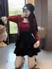 Conjunto de Duas Peças Elegante Feminino Plus Size Estilo College Hot Girl com Laço Manga Longa e Saia Curta Emagrecedora Cintura Marcada Outono Inverno