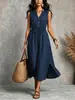 Vestido de verão sem mangas com decote V, feito sob medida para mulheres, em algodão e linho, com cintura de cordão, bolsos grandes, fendas laterais e comprimento médio para um visual elegante.