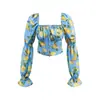 Camisa de Manga Larga Estampada Tie-Dye de Cuadrado de Cuello Alto Estilo Europeo y Americano Chica Caliente Nueva de Primavera para Mujer Top Corto Ajustado para Vacaciones