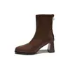 Botas curtas de camurça e couro macio com retalhos e bico quadrado, elásticas, para mulheres, outono e inverno, salto grosso, botas tipo meia que afinam a silhueta, botas de couro de cano médio, modernas e versáteis