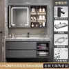 Mueble de lavabo de losa de piedra sin juntas, mueble de gabinete de lavabo de baño integrado con espejo, iluminación y gabinete de espejo con almacenamiento antivaho, diseño simple y moderno