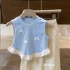 Chaleco sin mangas con lazo para niña, dulce verano, nuevo estilo, encaje, estilo coreano, top chaleco de encaje con costuras para niña