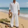 2026 Conjunto de Linho Masculino Casual de Quatro Estações Estilo Americano, Solto, Respirável, Manga Longa, Calça Longa, Camisa, Conjunto de Praia em Estoque