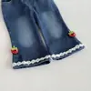 Novos jeans de outono para meninas estilo coreano, calças compridas boca de sino, calças casuais versáteis com cintura elástica, calças retas de morango