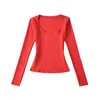 Camiseta de Manga Larga Ajustada de Color Sólido con Cuello en U Amplio y Cintura Estrecha Estilo Puro Deseo, Versátil, Nueva Moda de Primavera, Camiseta Básica para Mujer