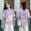 Camiseta de manga larga para niña, nueva colección de otoño 2026, estilo de dos piezas, algodón puro, ropa de otoño, capa base casual para niños mayores