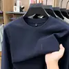 Sudadera sin costuras de mezcla de lana y seda con cuello redondo para hombre, nuevo modelo de otoño 2026, camiseta básica casual cálida para hombre con bolsillo