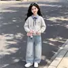 Estiloso Dulce Estilo Coreano Individual para Niñas Sudadera con Capucha Patchwork Falsa de Dos Piezas Cuello Polo Conjunto de Jeans Dulce Lindo Moderno