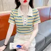 Camiseta de Manga Corta a Rayas con Cuello Polo para Mujer, Nuevo Diseño de Verano, Bloques de Color Únicos, Top Elegante y Juvenil