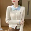 26 Nuevo Estilo Primavera y Otoño Cárdigan 100% Lana Pura para Mujer con Solapa, Bloques de Color, Suéter Bordado, Chaqueta de Punto de Cachemira Holgada