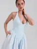 Vestido de Verano 2025 Europeo y Americano Nuevo para Mujer Sexy de Cuello Halter Escote en V Profundo Sin Mangas Falda de Longitud Media Color Puro Ajustado Espalda Descubierta