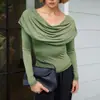 Ins Ropa Europea y Americana para Mujer Otoño Amazon Nuevo Cuello Redondo Profundo Plegado Color Sólido Manga Larga que Muestra el Ombligo Suéter