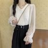 Camisa de gasa con cuello en V y mangas acampanadas para mujer, otoño 2024, estilo coreano fino y adelgazante