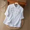 Camisa artística de doble capa de gasa de algodón estilo bosque de verano para mujer, corte holgado con flores bordadas, algodón suave, mangas de tres cuartos