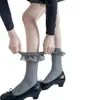 Calcetines Hechos a Mano de Encaje Dulce Otoño Invierno Lana de Oveja Cálidos Rayas Verticales Lazo Lateral Calcetines Acumulados a Media Pantorrilla Calcetines Cortos para Niñas