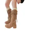Botas de Cavaleiro com Franjas Estilo Deserto, Salto Grosso Emagrecedor, Solado Macio, Botas Versáteis de Cano Alto, Botas Retrô Amassadas de Cano Médio para Mulheres