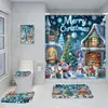Cortina de Ducha Navideña con Papá Noel, Muñeco de Nieve y Reno, Juego de Cuatro Piezas, Escena Invernal con Cabaña y Árbol de Navidad, Cortina de Ducha Impermeable