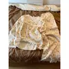 Conjunto de pijama de manga larga de gasa de algodón puro con estampado floral de albaricoque lechoso para mujer, conjunto de dos piezas fino de verano para casa, se puede usar para salir