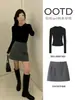 Camiseta interior negra de cuello redondo, nueva colección de otoño para mujer, falda midi elegante de mezcla de lana, conjunto de estilo coreano, conjunto completo