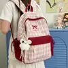 Mochila de estilo japonés ins con bloques de color a cuadros para estudiantes de secundaria y universidad, mochila de viaje con lazo y cinta para chicas