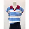 Camisa Base de Rayas Bloque de Color Dulce con Cuello Polo para Mujer, Top de Punto de Hombro Normal de Manga Corta Volante de Verano, Camiseta Fina de Manga Corta