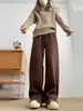 Calça larga de cintura alta de arroz glutinoso marrom para mulheres, Primavera, Outono e Inverno, forrada com fleece, Nova, Solta, Casual, Esportiva
