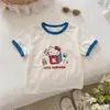 Camiseta de Manga Corta de Verano para Niños 2026 Nueva Camiseta con Estampado de Dibujos Animados para Niñas, Elegante Camisa con Bloques de Color y Cuello Redondo