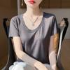 Camiseta de lã simples primavera e verão, emagrecimento, gola grande, ombro básico, manga curta, blusa de malha, decote em U, para todos os estilos