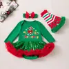 Venta directa de fábrica vestido navideño para niña pequeña enterizo de malla con lentejuelas de manga larga para bebé con diadema y calentadores de piernas conjunto