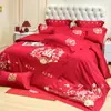Conjunto de Quatro Peças Vermelho Brilhante de Alta Qualidade para Casamento Bordado de Dragão e Fênix Chinesa Capa de Edredom Lençol de Cama Edredom Alegre para Casa Nova Roupa de Cama de Casamento