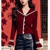 Jersey de punto con cuello en contraste burdeos para mujer Otoño 2024 Nuevo estilo coreano Suave y ceroso Estilo perezoso Top de punto para mujer