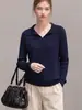 Top de punto con cuello polo calado para mujer, suéter de otoño de manga larga con un toque de alta gama, se puede usar como capa exterior, top de estilo relajado