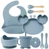 Set de Alimentación para Bebé de Silicona de 9 Piezas - Plato Dividido con Ventosa y Tazón con Forma de Cangrejo con Babero Ajustable y Utensilios