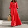 Roupas femininas de outono transfronteiriças europeias e americanas 2026, novo vestido longo de cor sólida com decote V, vestido estiloso e elegante de corte solto com bolsos