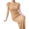 Vestido de longitud media con cintura fruncida, moda verano 2026, estilo suave, cuello redondo, pliegues laterales, disponible para distribución al por mayor