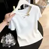 Tejido de punto asimétrico con cuello en V y manga corta para mujer, estilo fino de verano, top elegante, camiseta de manga corta a la moda A11270