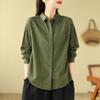 Foto Real de Camisa Activa Verde Algodón Puro para Mujer, Estilo Primavera, Camisa Vintage de Manga Larga con Cuello, Top Corto por Delante y Largo por Detrás