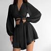 Conjunto Pijama Duas Peças Sexy Amassado de Seda Gelada Estilo Novo Primavera e Verão Europeu e Americano com Mangas Longas Bolha e Shorts para Uso Doméstico Feminino