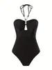 Traje de baño de una pieza personalizado estilo europeo y americano para mujer, Sexy ajustado con cuello halter y cadena de perlas, Conjunto con falda cruzada, Sexy espalda descubierta