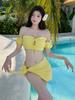 Deseo Puro Pequeño Estilo Chanel Elegante Diosa Sin Tirantes Hombro Sexy Abertura Conjunto de Tres Piezas Traje de Baño Pecho Pequeño Traje de Baño para Mujer