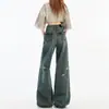 Tendencia de Verano 2026 Nuevos Jeans Acampanados Rasgados Vintage para Mujer, Pantalones Sueltos de Pierna Ancha de Campana Largos hasta el Suelo