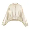 MYST&ZA Outono Novo Feminino Estilo de Trabalho Gola Redonda Ombro Caído Manga Longa Jaqueta Bomber Curta