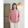 Nueva chaqueta de algodón y lino jacquard de otoño con botones, mangas murciélago, corte holgado, cuello alto, top cárdigan, venta al por mayor